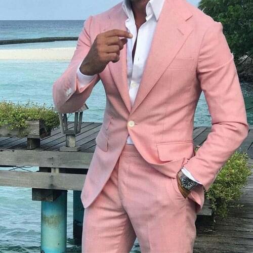 Summer Pink Linen Men Suits Groom Wedding Tuxedo 2Piece Bridegroom Outfit Casual Best Man Attire Groomsmen Blazer Ternos Slim