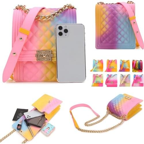 Fashion Crossbody Rainbow Bags Pack Matte Rhombic Chain Shoulder Bag Rainbow Pattern Jelly Bag Messenger Bag Crossbody Bags