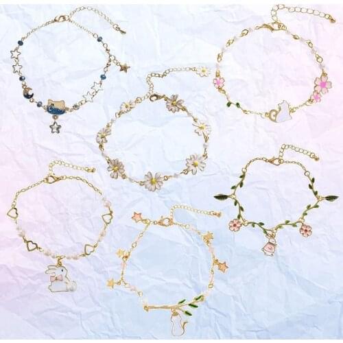 Mori Spring Jewelry Plant Animal Girl Bracelet Bangles Romantic Sweet Cute Rabbit Cat Flowers Moon Star Bracelets Good Gift