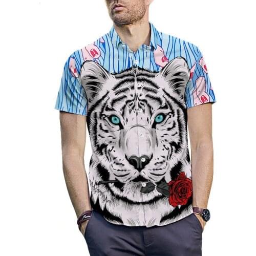 Hot New 2019 Summer Casual Tiger Head Rose 3D Print Short Sleeve Shirt Men Fashion Loose Streetwear Trend Beach Shirts US Size