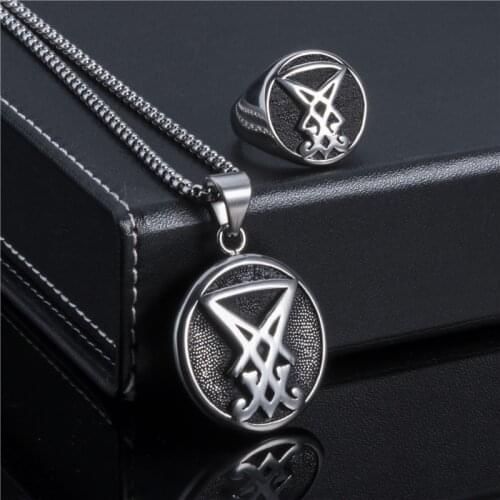 Mens Boys Sigil of Lucifer of Satan Ring Pendant Necklace Sets For Stainless Steel Ring Necklace Jewelry Sets
