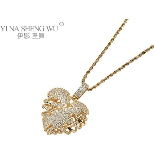 Cracked Heart Pendant Necklace Women Men Gold Silver Color Rhinestone Hollow Out Charm Jewelry Hip Hop Rope Chain Accessories