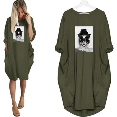 Butterfly Vogue Girl Print Dresses for Women Long Sleeve o Neck Pocket Casual Streetwear Vestido Fashion Robes