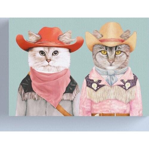 Prints Home Decor Canvas Two Cartoon Cat Painting Hat Green Wall Art Modern Modular Pictures For Living Room Poster No Framed