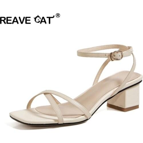 REAVE CAT 2021 Summer New Arrival Women Sandals Genuine Leather Square Block High Heels Shoes Fashion Ankle Strap Party Wedding