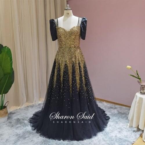 Luxury Gold Beaded Black Prom Dresses with Detachable Sleeve Dubai Formal Evening Dress for Women Gothic Wedding Party Gowns