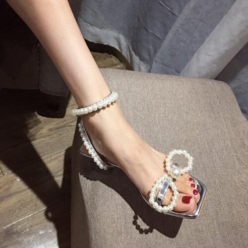 2020 Sandals Pearl Handmade Beaded Chunky Heel Bow Sandals