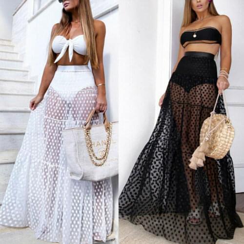 Sexy Mesh Bikini Cover Up Skirt Women Summer Beach Sundress Boho High Waist Maxi Skirt Retro Polka Dot Long Skirts Club Party