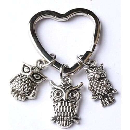Owl Keychain silver owl keyring Three mini owls charm keychain owl Heart-shaped keychain