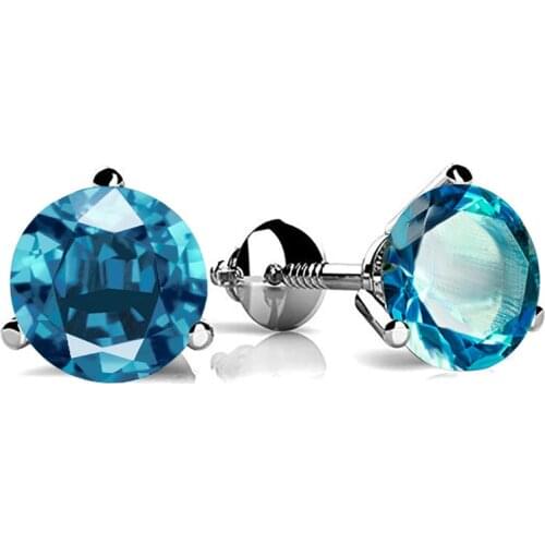 3 Prong Round Aquamarine Screw Back Earrings For Women 925 Sterling Silver Birthstone Jewelry Blue Crystal Zircon Stud Earrings
