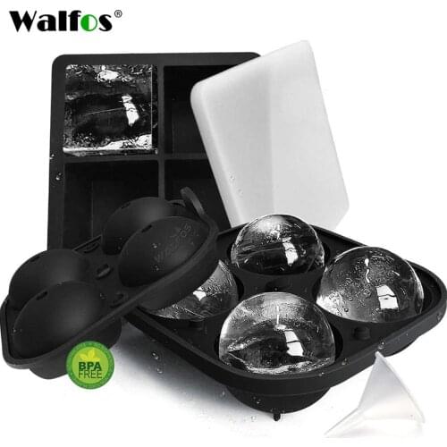 Walfos Silicone Ice Cube Tray Set 2 Large Sphere Ice Ball and Large Square Ice Cube Molds with Funnel Easy Release