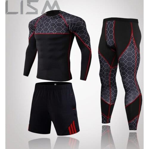 Workout Sports Suit Gym Fitness Compression Clothes Running Jogging Sport Wear Exercise Rashguard 3 Pcs Set Mens