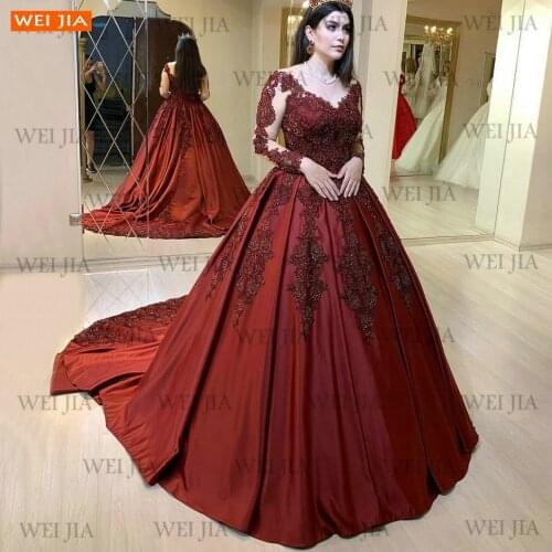 Burgundy Evening Dresses Long Sleeves Beaded Lace Up Sukienka Wieczorowa 2021 Appliqued Satin Ball Gown Formal Dress For Women