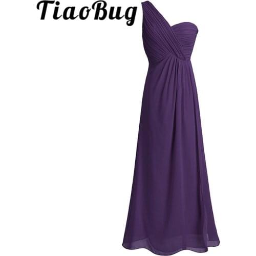 TiaoBug New Arrival One Shoulder Teal Pink Dark Purple Wine Red Navy Blue Long Chiffon Pleated Split Slit Bridesmaid Maxi Dress