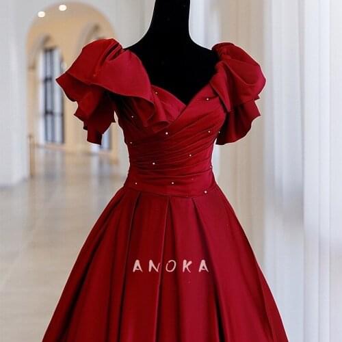 Vintage Wine Red Evening Dresses V-Neck Princess Corset Pearls Puff Sleeves Satin A-line Long Prom Ceremony Formal Gowns Custom