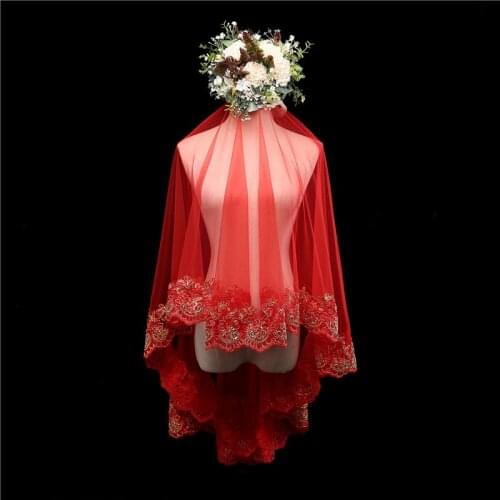 Gorgeous Red Wedding Veil Soft Tulle with Gold Applique Long Bridal Veils Width is all 1.5m, Different Size of Length