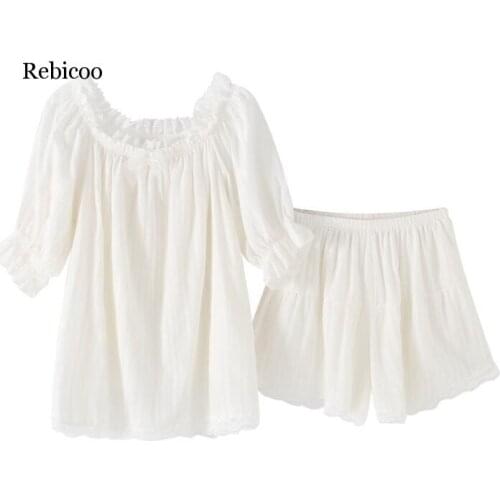 Spring Summer Korean Version Woven 100% Cotton Pajama Suit Shorts Lovely Lace Princess Homewear Lounge Negligee Pajamas