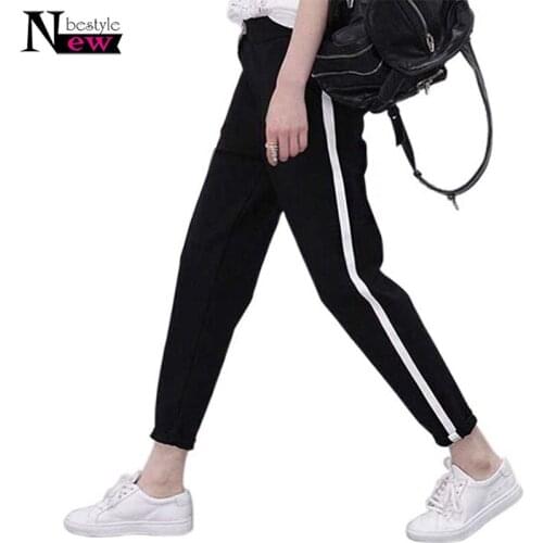 2019 Spring Sweatpants Women Casual Harem Pants Loose Trousers For Women Black Striped Side Sweat Pants Female Drawstring Jeans