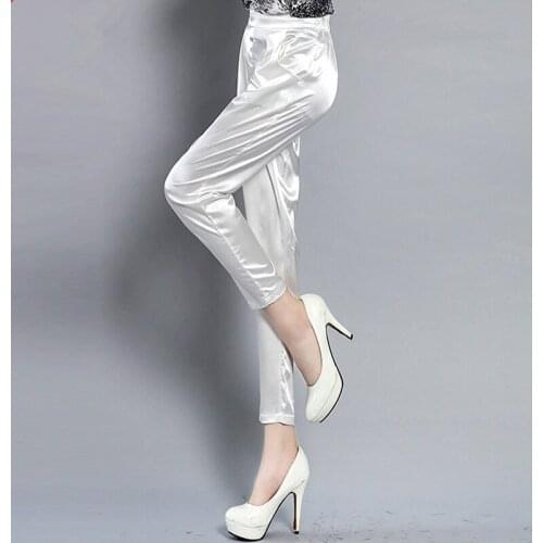 Women 2020 New Spring Summer Faux Silk Pants Female High Waist Casual Slim Trousers Ladies Wild Ankle-Length Pantalon Femme Y55