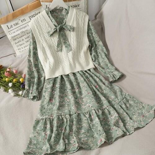 Women Floral Print Ruffle Dress High waist Long sleeve Bow Chiffon Dresses + Sleeveless knitted Vest 2 Piece Set Sweet Vestidos