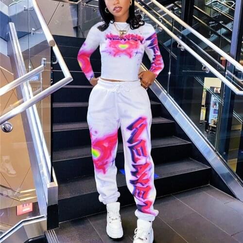 Women Two-pieces Sports Running Sets Letter Print Tracksuits Long Sleeve T-shirt Crop Top+Lace Up Joggers Pants Plus Size Set