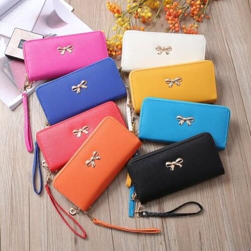 Female Long Wallet New Cross Solid Color Bow Cute Zero Wallet Long Zipper Multi Clip Large Capacity Handbag Women Wallets