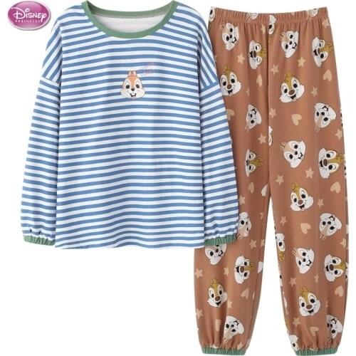 Disney Womens Cotton Pajamas Set Autumn Winter Cartoon Cute Chip Sleepwear Pajamas Suit Female Striped Blouse and Pants Homewear