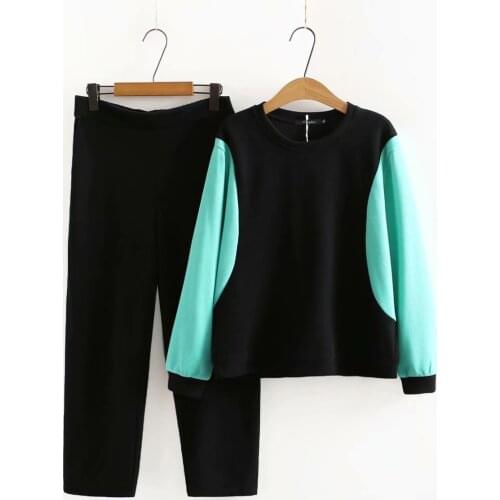 Plus size sets Women outfit autumn 2021 Casual O-Neck green orange patchwork Womens sweatshirt sets with black pants 4XL