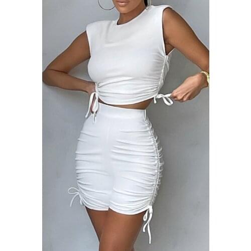 Women Solid Color Yoga Running Set Side Drawstrings Ruched Sportswear Sleeveless O-neck Cropped Tops+High Waist Shorts Female