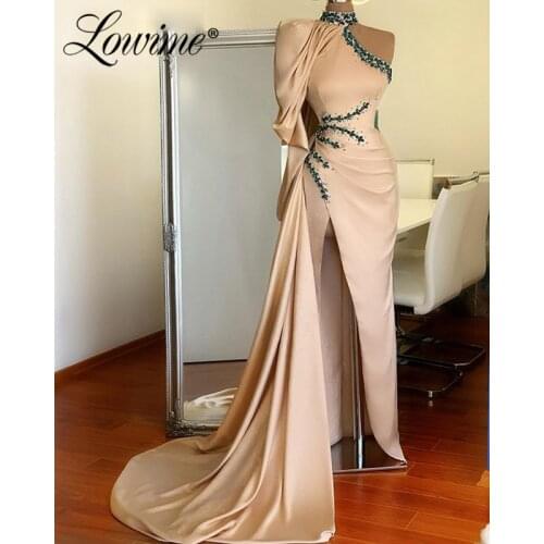 Dubai Design Arabic Single Long Sleeves Evening Dresses 2020 Front Slit Crystals Customized Women Party Gowns Prom Dresses Long