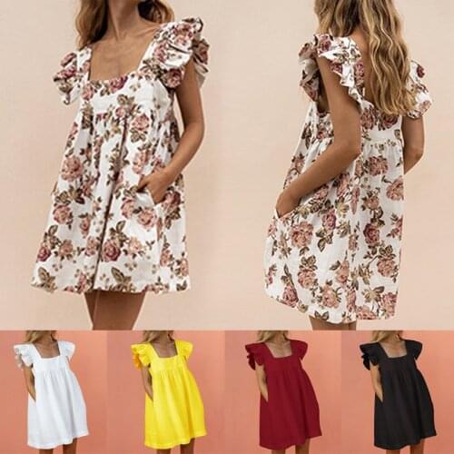 Women Summer Casual Square Collar Print Party Dress Loose Pocket Beach Dress Vestidos Elegant Butterfly Sleeve Ruffle Mini Dress