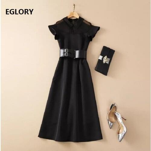 Vestidos De Fiesta 2021 Summer Party Club Women Turn-down Collar Sexy Tulle Mesh Patchwork Short Sleeve Mid-Calf Black Dress