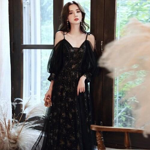 Evening Dress Deep V-Neck Spaghetti Strap Full Sleeves A-line Floor-Length Sequins Elegant Lace Up Woman Formal Party Gown A401
