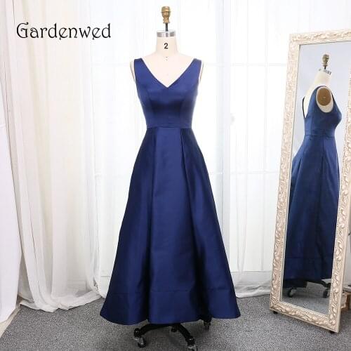 Gardenwed Deep Blue Tea Length Evening Dress 2019 Pleat V Neck Backless Satin A Line Formal Dress Party Women Gown