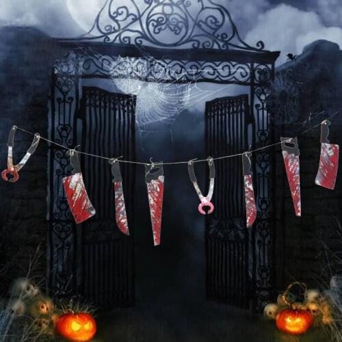 12pcs/lot Halloween Plastic Blood Knife Tools Sets Horror Spooky Haunted House Hanging Knife Garland Banner Halloween Decoration