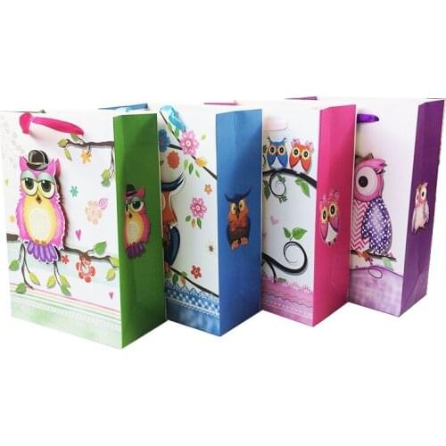 20pcs/lot Paper Bags With Ribbon Handle 3D Owl 18*25*8cm Multifunction Bag Cute Recyclable Environment-friendly Gift Packing Bag