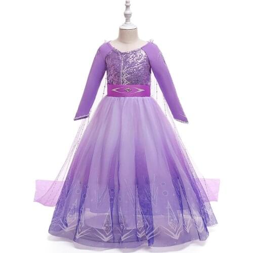 Purple Long Sleeves Girls Birthday Party Clothes Flower Cosplay Ball Gown For Kids Sequins Formal Princess Children Costume