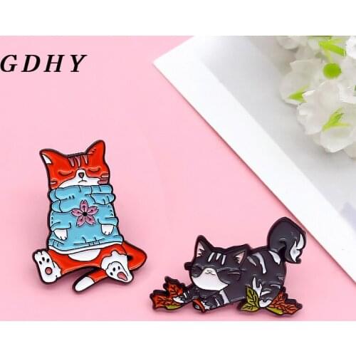 GDHY Cat Kitty Enamel Brooch Pins Play maple leaves Grey Cat,Cherry blossoms Orange Cat Brooches Badge Animal Jewelry Kids Gift