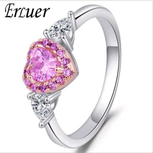 ERLUER Sweet Heart Pink Romantic Style Silver color Heart-shape Crystal Zircon Rings For Women Girl Wedding Jewelry gift ring