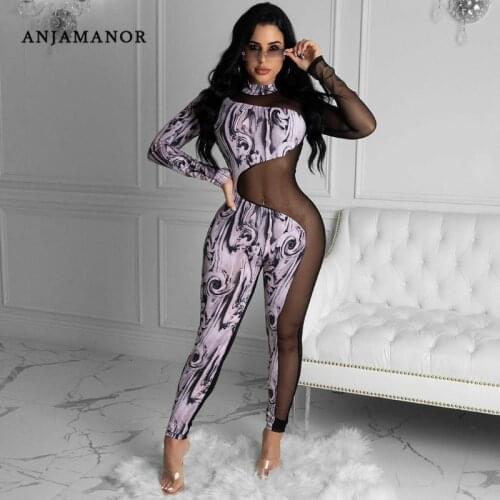 ANJAMANOR Mesh Patchwork Long Sleeve Bodycon Jumpsuit Sexy Women Clothes Club Wear See Through One Piece Outfit D35-CH27