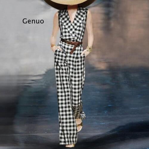 European and American V-Neck Fashion Plaid Jumpsuit Womens Suit Collar Slim Female Casual Trousers Wide-Leg Jumpsuit with Belt