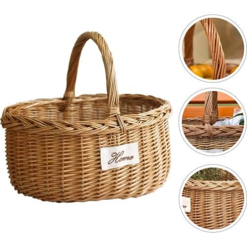1Pc Picnic Basket Creative Tote Basket Flower Container Willow Weaving Picnic Basket Portable Outdoor Fruit Storage Holder