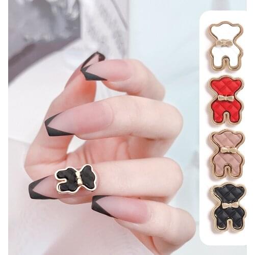1PC 3D Cute Plaid Bow Tie Bear Nail Decorations Alloy Nail Sticking Drill Nail Art Decal Jewelry Design Nail Art Accessories