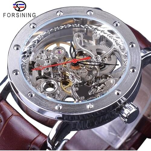Forsining Silver Case Skeleton Waches Male Brown Genuine Leather Band Water resistant Automatic Watches for Men Top Brand Luxury