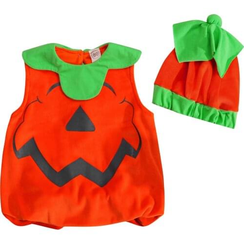 2 Pcs Infant Halloween Outfits, Baby Sleeveless Round Neck Pumpkin Costume + Color Block Hat 0-3T