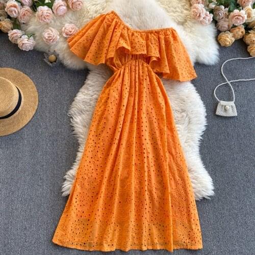 2021 New Orange One Shoulder Sleeveless lace Pleated Dress Femme Long Dresses Bohemian A Line Sexy Vacation Dress Vestido Robe