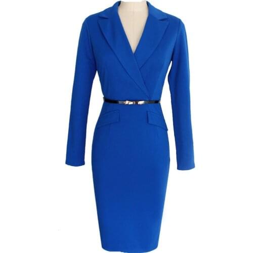 Summer Solid Color Turn Down Collar Dress Women Elegant Package Hip Long Sleeve Office Pencil Sashes Ladies Dresses