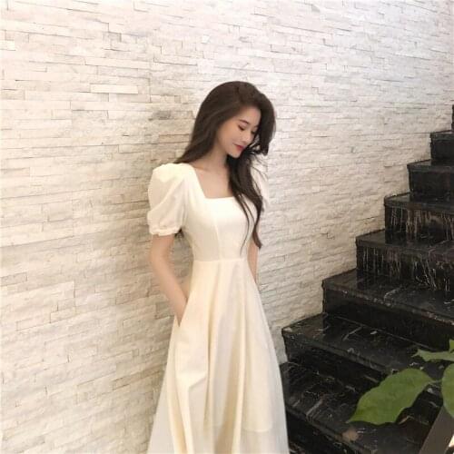 White Vintage Dress Women Square Collar Puff Sleeve Waist Solid Dress Satin French Hepburn Style Beach Party Dress Summer2021New
