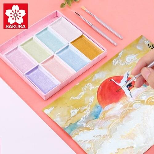 Sakura Auspicious 8-color Pearlescent Solid Watercolor Paint Set Golden Silver Send Brush Professional Painting Art Supplies