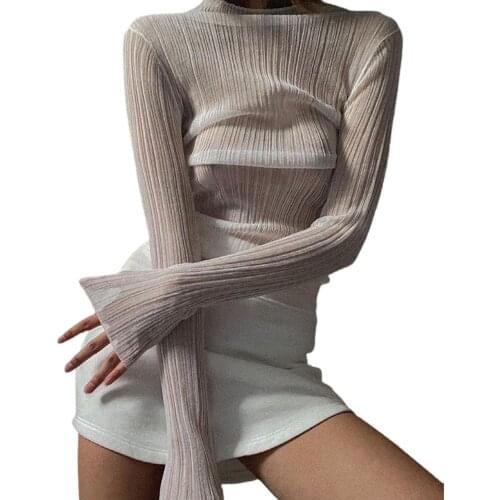 Sexy Ruched Mesh T-Shirt See Through Solid Color Turtleneck Long Sleeve Fitting White Crop Tops Ladies Wild Slim Chic Tops